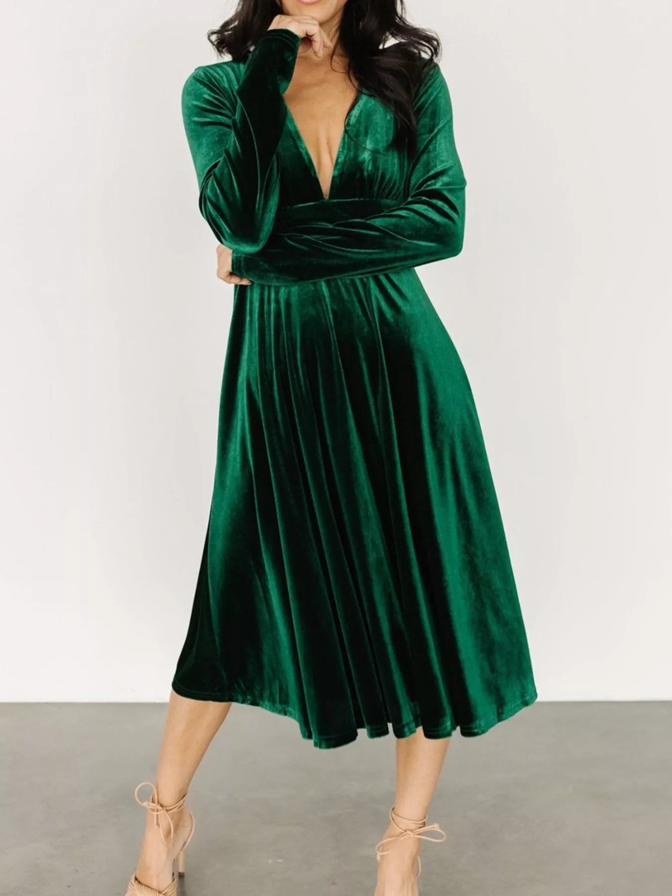 long sleeve deep v velvet dress Mac Duggal Women's Long Sleeve Deep V Neck Draped Velvet Gown - Blue - Size 10