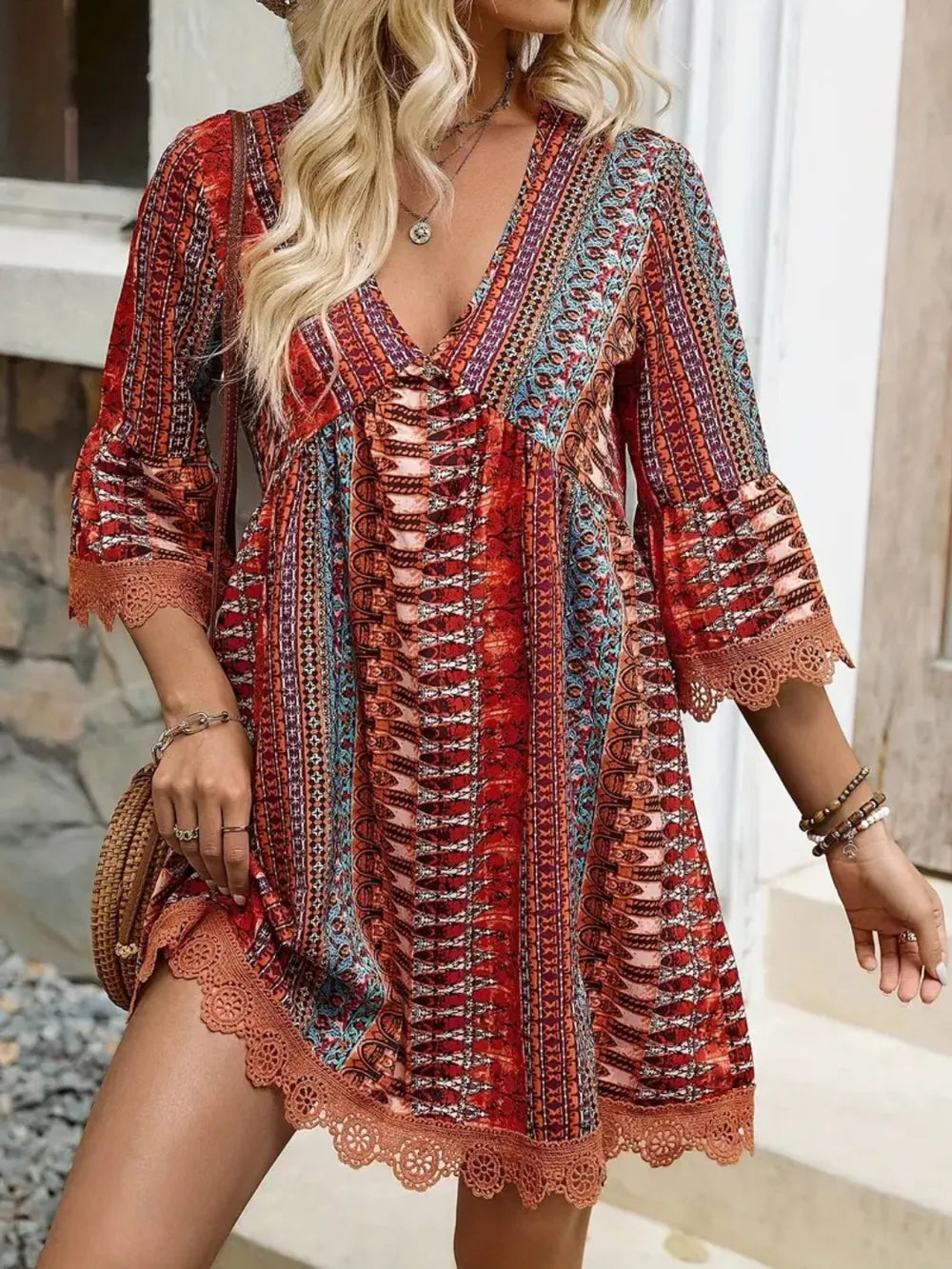 red lace 3 4 sleeve dress 3/4 Sleeves Knee Length Lace Mother Of The Bride Dress, Red