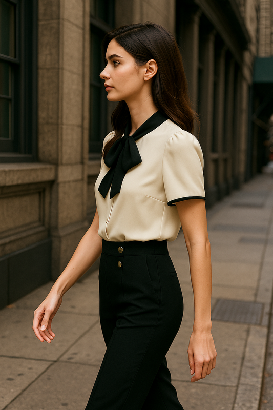 Bow Tie Blouse and High Waist Wide leg Pant