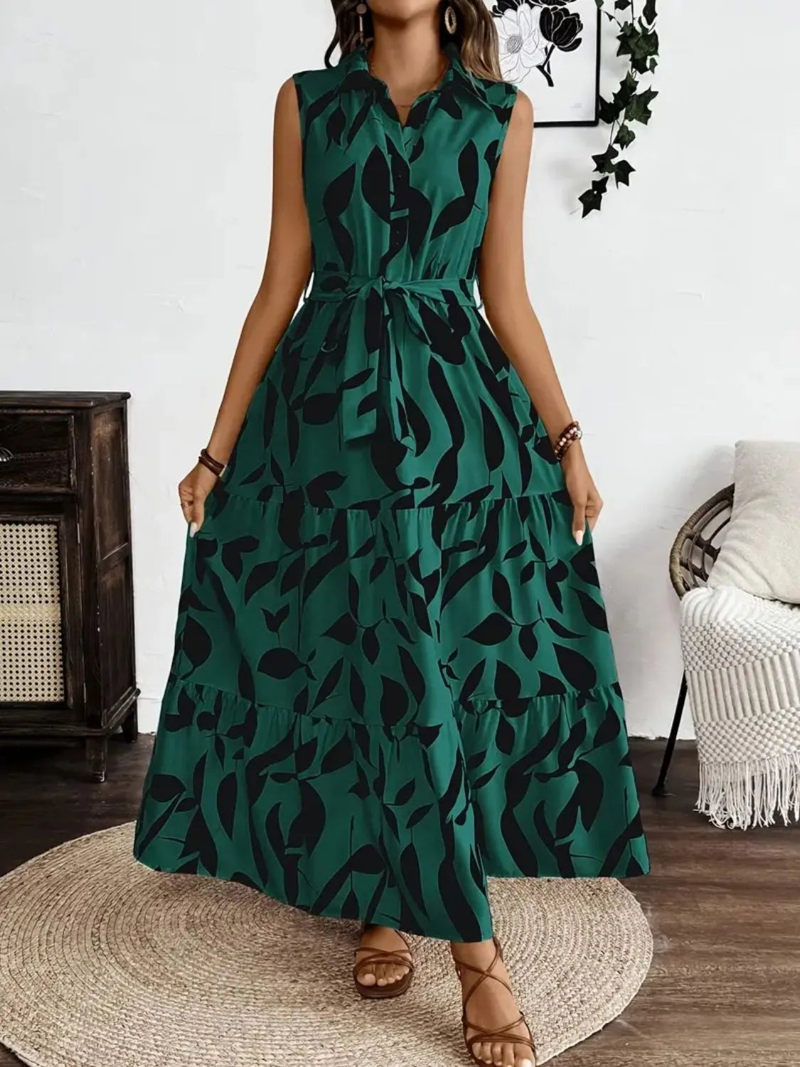 Printed Tie Waist Sleeveless Maxi Dress – HT Marlowe