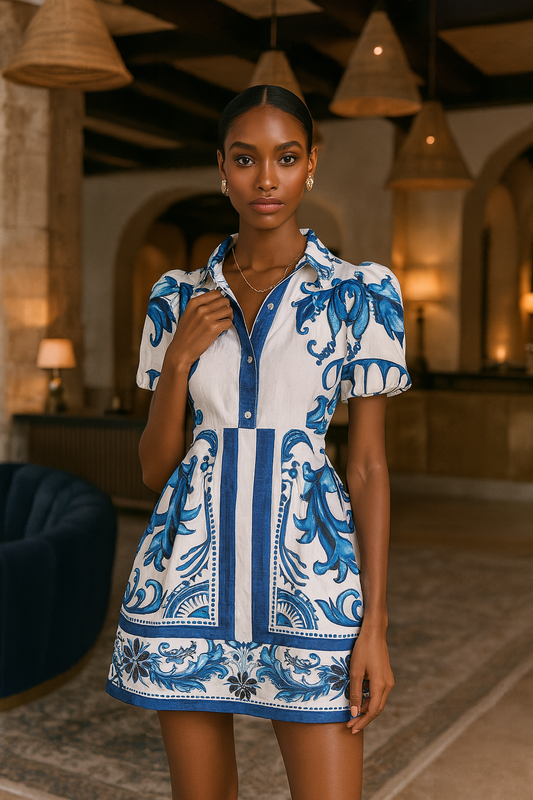 Puff Sleeve Printed Top and Skirt Set