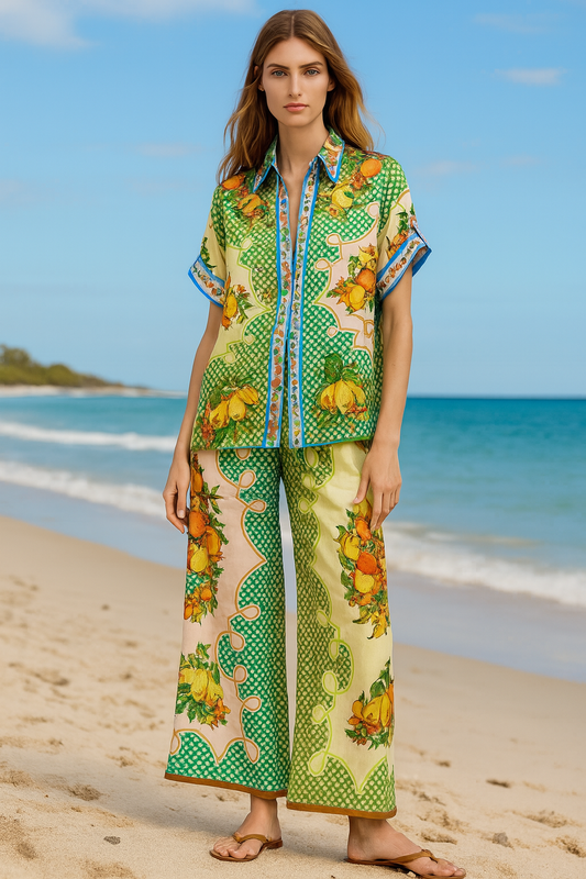 Printed Short Sleeve Shirt and Pants Set