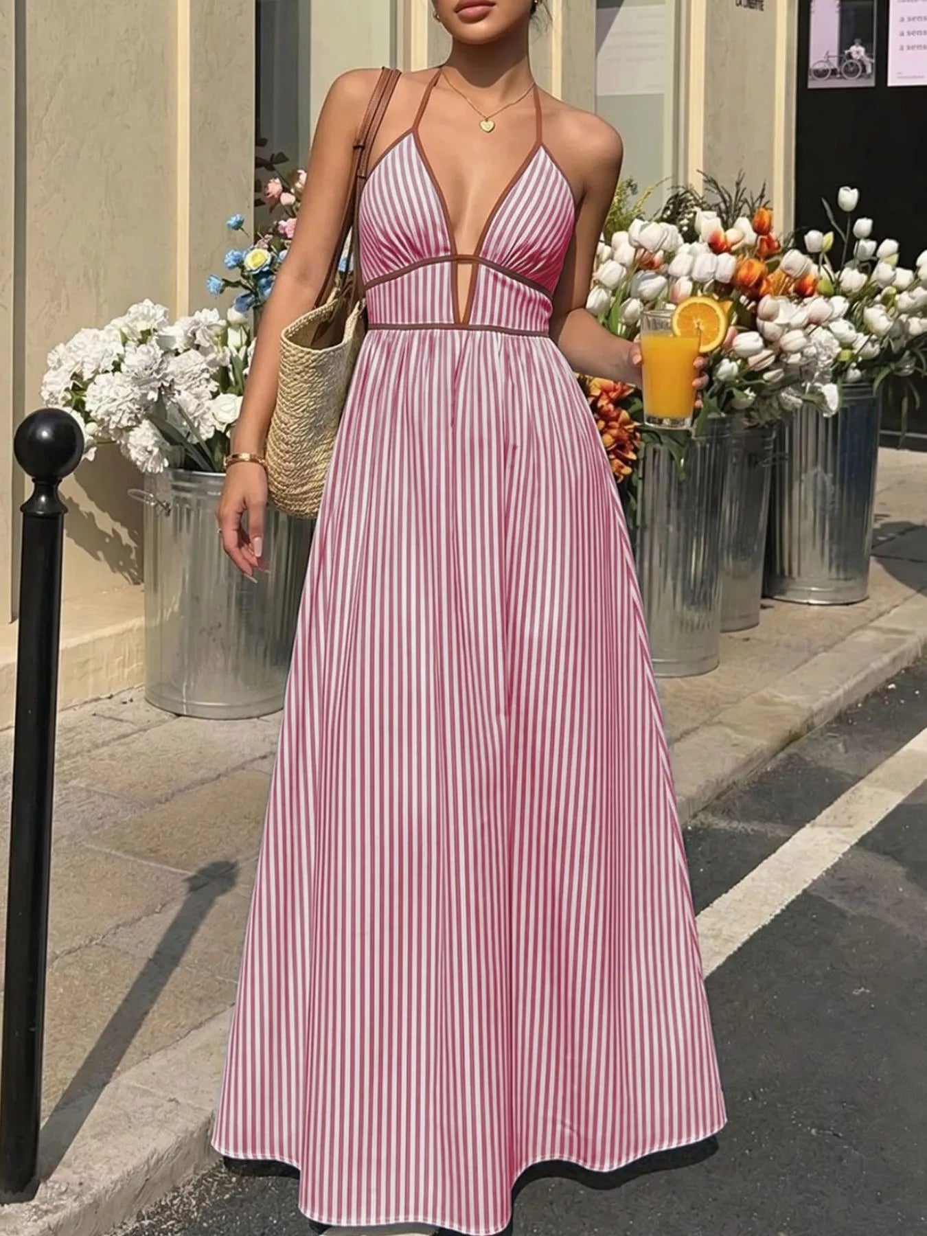 Striped Halter Neck Maxi Dress  HT Marlowe